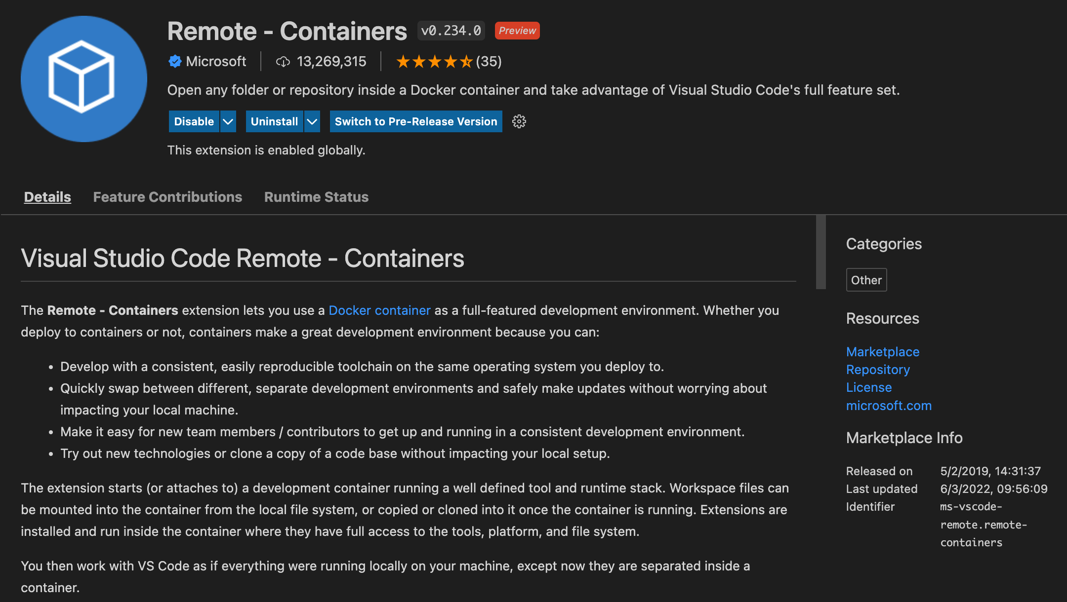 Remote containers extension